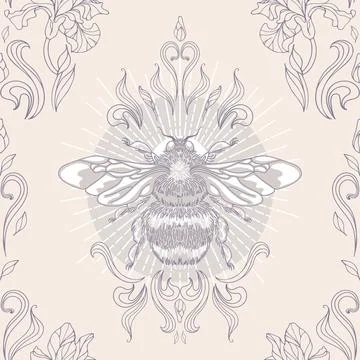 Shining bumblebee, sun rays, herbs and leaves. Seamless pattern Stock Illustration