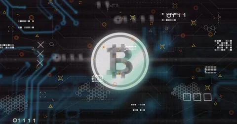 Shining central Bitcoin icon hovering in virtual data network space, with 스톡 사진