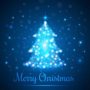 Shining Christmas Tree on Blue Background with Lights. Vector illustration Stock Illustration
