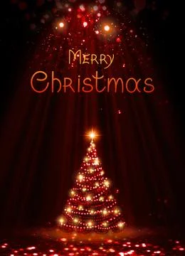 Shining Christmas tree isolated on red bokeh background. Stock Illustration