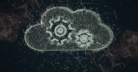 Shining cloud icon forming two gear symbols in digital network space, with Stock Illustration