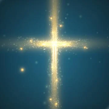 Shining cross on blue background with backlight and glowing yellow particles. Stock Illustration