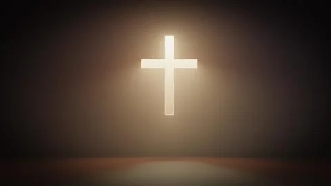 Shining cross on the wall with warm yellow rays of light - 3D illustration Stock Illustration