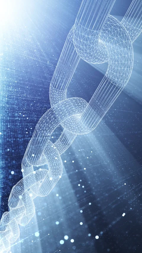Shining digital blockchain chain on network lines looping background Stock Footage 345064773