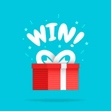 Shining gift box with Win sign and stars, present box with ribbon, surprising Illustrazione stock