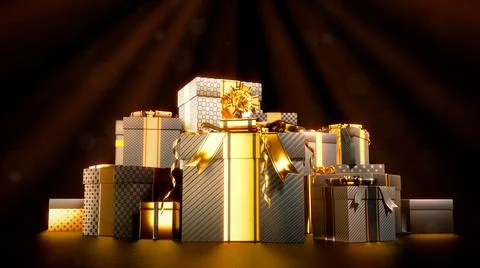 Shining gift boxes pile for cyber monday sale on dark backdrop Illustrazione stock