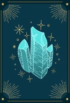 Shining glowing blue crystal. The magic minerals, ritual amulet. Vintage Stock Illustration
