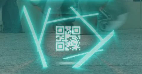 Shining holographic teal QR code and neon rods hovering above concourse, Stock Photos