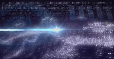 Shining light beam glowing through digital network, with binary digits and Stockillustratie