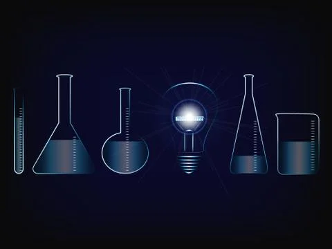 Shining lightbulb next to lab bottles, laboratory of ideas イラスト素材