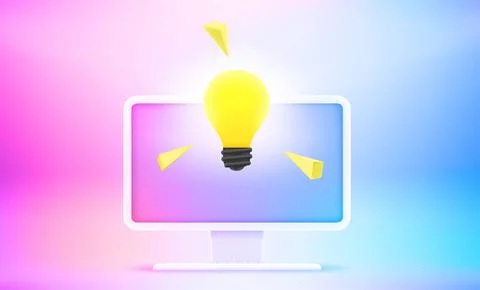 Shining lightbulb on the screen of computer. Idea concept. 3d vector illustra Stock Illustration