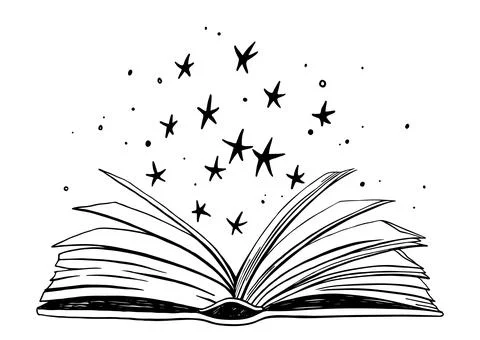 Shining Magic Book. An open paper book glows and sparkles. Stock Illustration