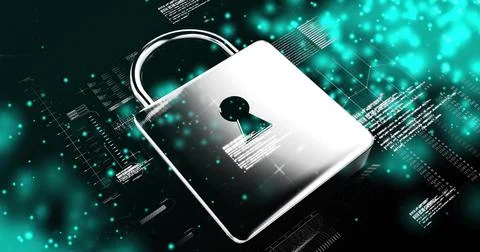 Shining metallic padlock reflecting teal code and circuit diagrams in 스톡 사진