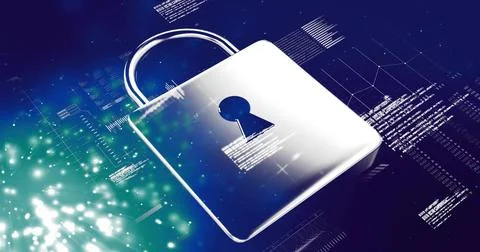 Shining metallic padlock showing keyhole, dominating digital network, displaying 스톡 일러스트