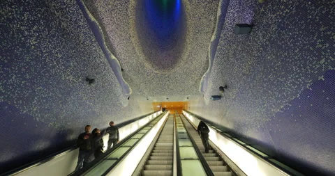 Shining multicolor ceiling artwork of the famous Toledo metro station in Naples Stock Footage 298969367
