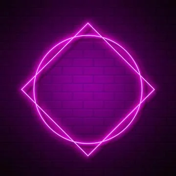 Shining neon circle and square frame on purple brick wall background Stock Illustration