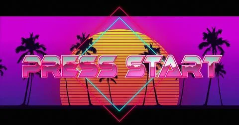 Shining neon Press Start text on retro arcade screen, featuring glowing diamond Stock Photos