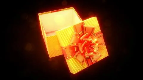 Shining opened gold and red gift box on dark backdrop - object 3D rendering Stock Illustration
