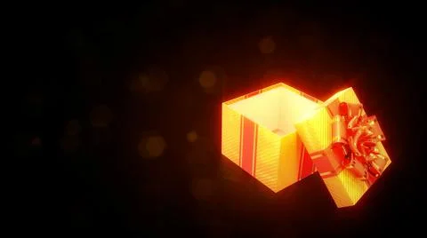 Shining opened golden and red gift on dark background - object 3D rendering Stock Illustration