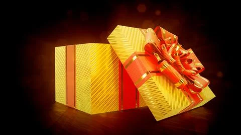 Shining opened golden and red gift box on dark background - object 3D rendering Stock Illustration