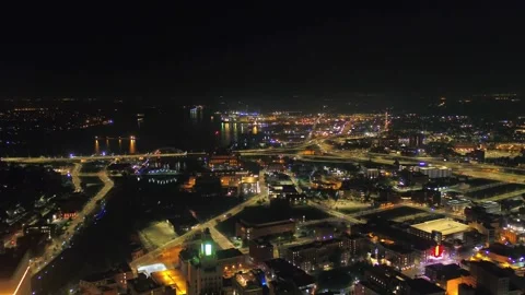 Shining Providence Rhode Island Downtown Skyline At Night Aerial Drone Flight Stock Footage 344806302
