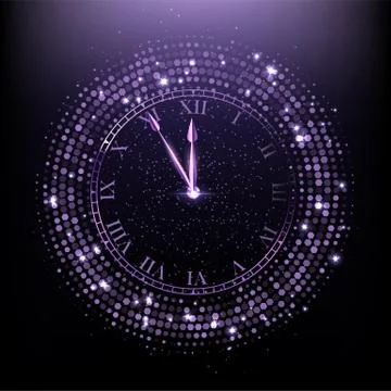 Shining purple round clock on dark background Stock Illustration