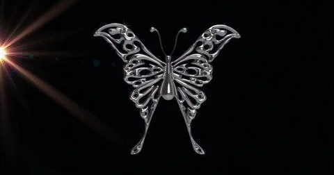 Shining silver butterfly sculpture casting reflections on black backdrop, wit Stock Illustration