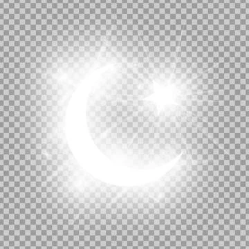 Shining silver Crescent and star isolated on transparent background. Glowing Ilustração Stock