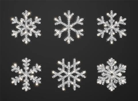 Shining silver snowflakes on black background. Christmas and New Year backgro Stock Illustration
