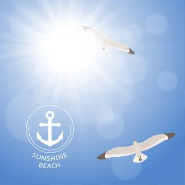 Shining summer sun with seagulls Stock Illustration