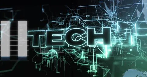 Shining TECH lettering on console showing neon-green circuits and chart panel Foto stock
