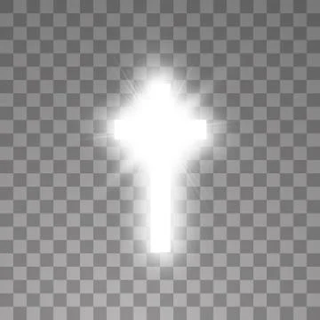 Shining white cross on transparent background. Glowing saint cross. Vector Stock Illustration