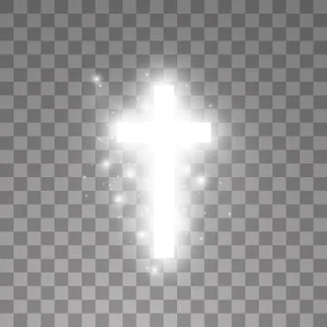 Shining white cross on transparent background. Glowing saint cross. Vector Stock Illustration