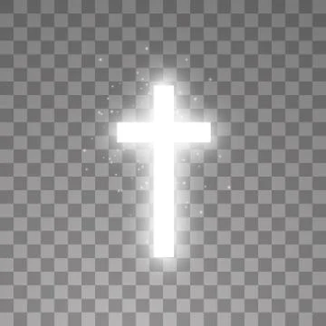 Shining white cross on transparent background. Glowing saint cross. Vector Stock Illustration