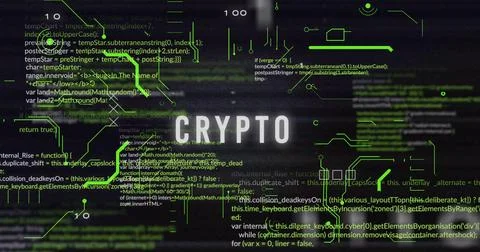 Shining white CRYPTO label hovering over interface, with neon circuit connectors Illustrazione stock