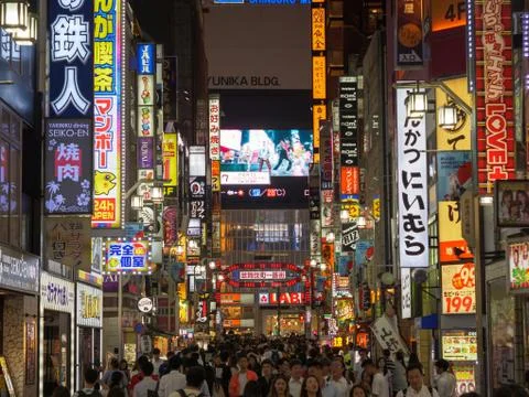 Shinjuku, Japan - 8 9 19: The neon signs of Kabukicho lit up at night in Tokyo Stock Photos