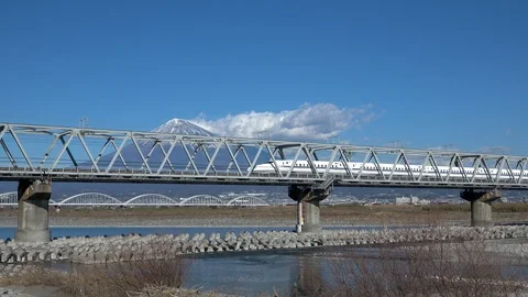 Shinkansen bullet train and Mt Fuji in Fujikawa bridge, Shizuoka. Japan Stock Footage 101675843