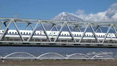 Shinkansen bullet train and Mt Fuji in Fujikawa bridge, Shizuoka. Japan Stock Footage 101675928