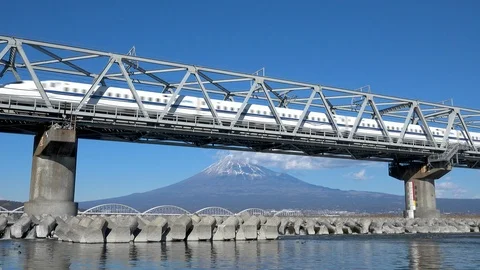 Shinkansen bullet train and Mt Fuji in Fujikawa bridge, Shizuoka. Japan Stock Footage 101676594