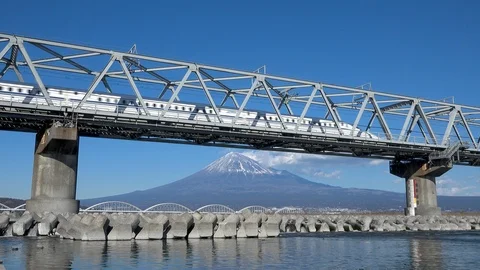 Shinkansen bullet train and Mt Fuji in Fujikawa bridge, Shizuoka. Japan Stock Footage 101676906