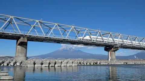 Shinkansen bullet train and Mt Fuji in Fujikawa bridge, Shizuoka. Japan Stock Footage 101677037