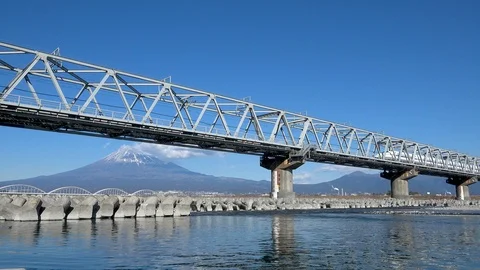 Shinkansen bullet train and Mt Fuji in Fujikawa bridge, Shizuoka. Japan Stock Footage 101677087