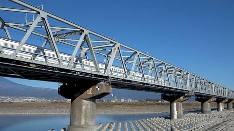 Shinkansen bullet train and Mt Fuji in Fujikawa bridge, Shizuoka. Japan Stock Footage 101677452