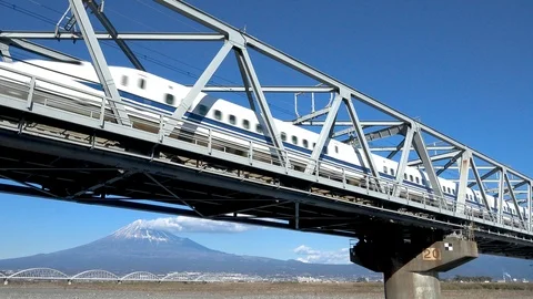 Shinkansen bullet train and Mt Fuji in Fujikawa bridge, Shizuoka. Japan Stock Footage 101677495