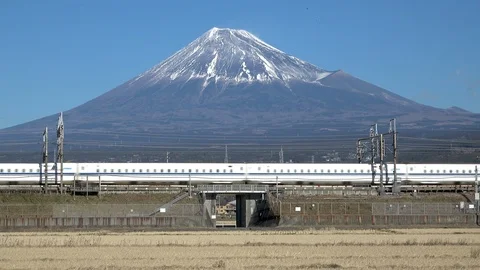 Shinkansen bullet train passing and Mt Fuji, prefecture, Japan Stock Footage 101672249