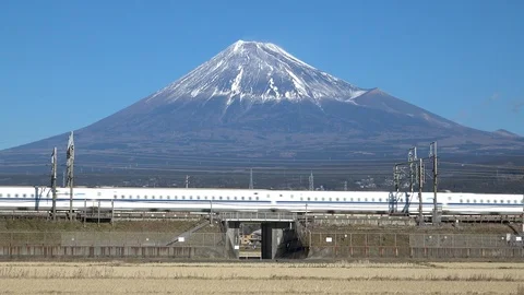 Shinkansen bullet train passing and Mt Fuji, prefecture, Japan Stock Footage 101672276