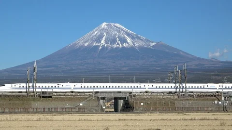 Shinkansen bullet train passing and Mt Fuji, prefecture, Japan Stock Footage 101672577
