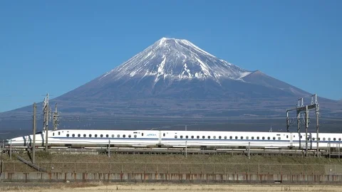 Shinkansen bullet train passing and Mt Fuji, prefecture, Japan Stock Footage 101672935