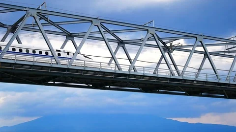 Shinkansen A high-speed train on a bridge over the river. pass mt. fuji at .. 库存影片 75217701