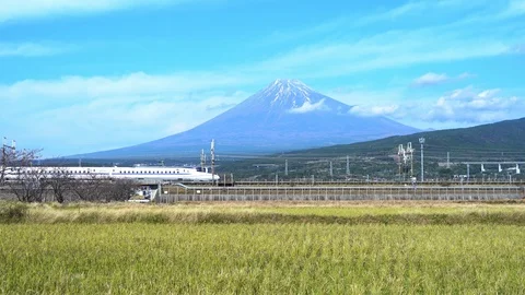 Shinkansen train. Fast bullet train, driving and passing Mountain Fuji near T Stock Footage 123959703